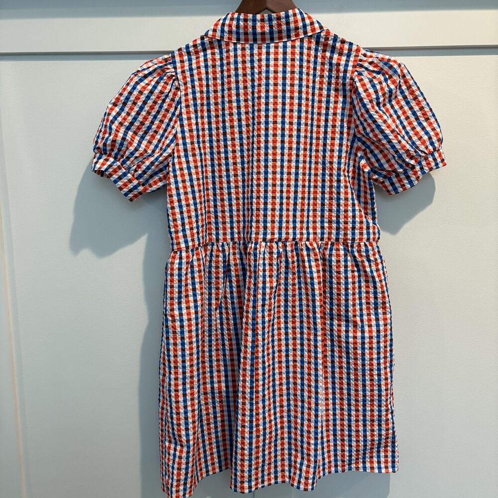 Plaid Gingham Shirt Dress Women Medium Red Blue Puff Sleeve Game Day Button Down - Picture 5 of 13